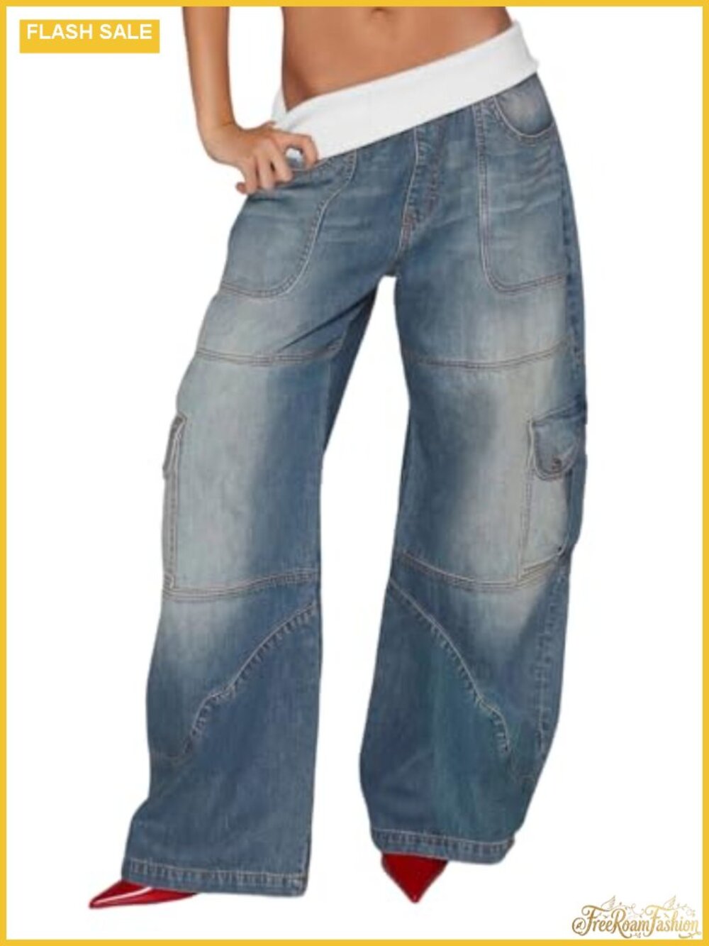 Women's High Waisted Baggy Cargo Patchwork Wide Leg Jeans